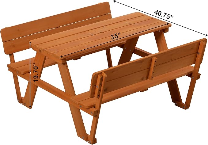 Gardenised Wooden Kids Picnic Bench with Backrest, Outdoor Children's Backyard, Crafting, Dining, and Playtime Patio Table, Stained