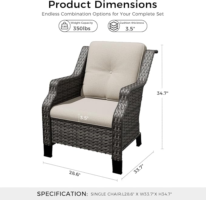 Outdoor Patio Chairs Set of 2, Wicker Patio Furniture with Thick Cushions, Curved Armrest, Deep Seating, Rattan Outdoor Chairs for Porch, Deck, Balcony