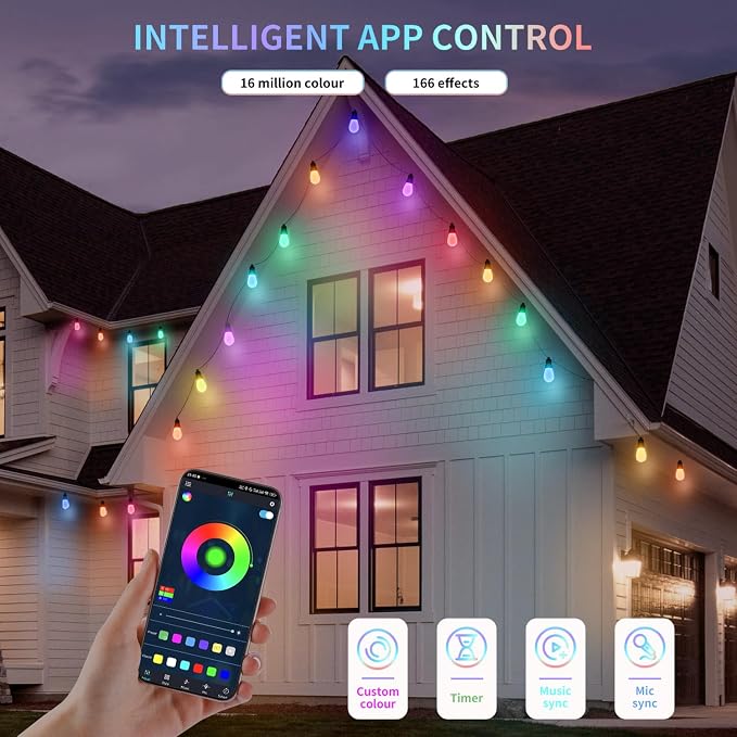 CAWWS Outdoor String Lights 100FT, Color Changing Patio Lights, Waterproof | 2×50FT,40 Shatterproof LED Bulbs,Multicolor & Warm White,Dimmable,IP67 Waterproof, APP & Remote,Custom Colors,24V Low Voltage