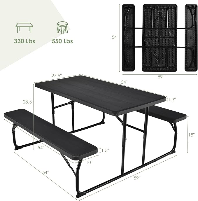 S AFSTAR Folding Picnic Table Bench Set, Foldable Picnic Table with 2 Benches, Outdoor Table and Bench W/Steel Frame & Wood-Like Texture Tabletop, Camping Table Chair Set for Garden Patio Lawn (Black)