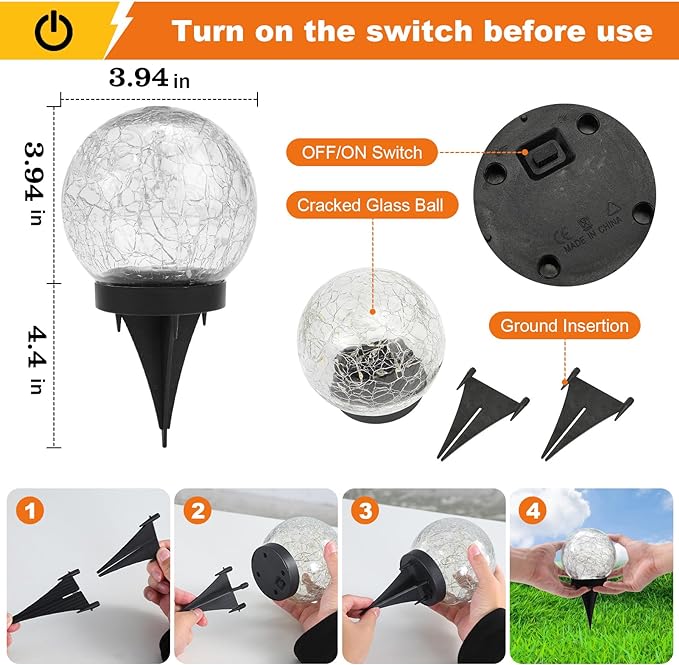 Solar Globe Lights Outdoor Waterproof-Solar Balls-Solar Garden Lights Orbs | Solar Globe Lights for Outside 6 Pack Cracked Glass Ball for Lawn Patio Yard Backyard Decorations