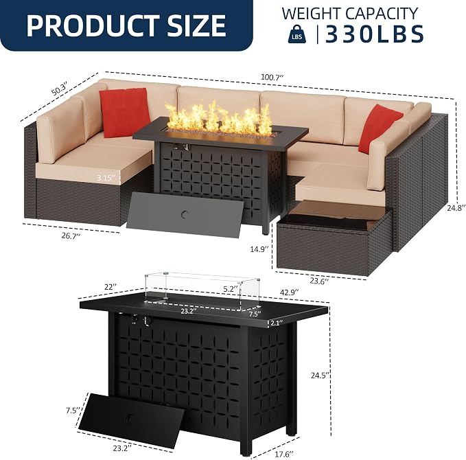 Vongrasig 8 Piece Patio Furniture Set with Propane Fire Pit, Outdoor Conversation Sets Wicker Sectional Sofa with Coffee Table, 43” Gas Gas Firepit Table 50,000 BTU for Outside, Patio, Beige