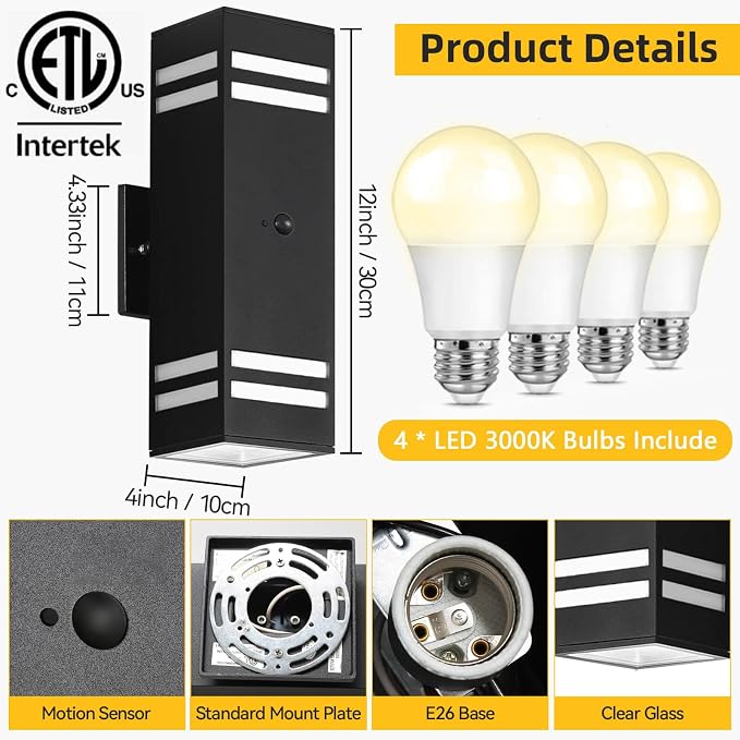 SHIMR Motion Sensor Outdoor Wall Lights, Modern Sconce, ETL Listed, 2 Pack | Dusk to Dawn Outdoor Lighting, Up and Down, Black Aluminum Exterior Light Fixture for Porch Garage Patio, LED Bulbs Included