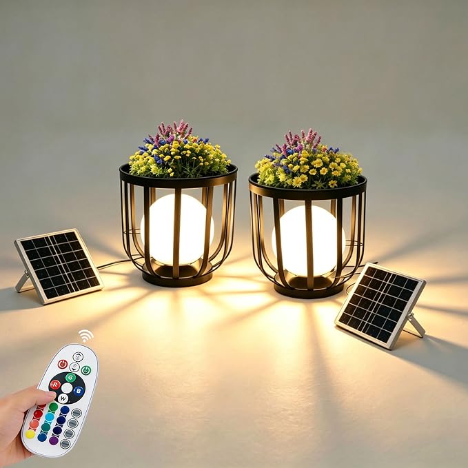 Solar LED Outdoor Side Table 2-Pack, Built-in Glowing Sphere, Remote Control & Detachable Solar Panel,Waterproof Rustproof Metal Floor Lamp for Patio Garden Balcony