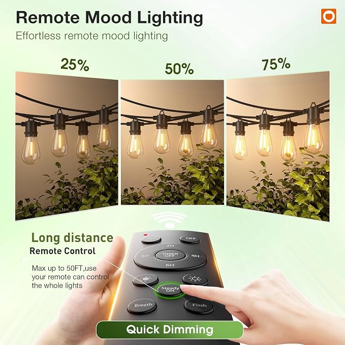 addlon 50FT Outdoor String Lights LED with Remote Dimmable Waterproof | Timer & 3 Lighting Modes, Shatterproof Edison Bulbs, Connectable Hanging Strand for Patio Outside Backyard Porch Party Décor