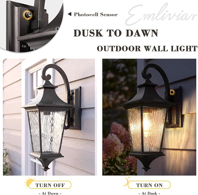 Emliviar Dusk to Dawn Outdoor Porch Light, 21.1" Exterior Wall Mount Lamp for Doorway, Patio Wall Lantern with Water Ripple Glass, Oil Rubbed Bronze Finish, XE292B-M-PC ORB SW