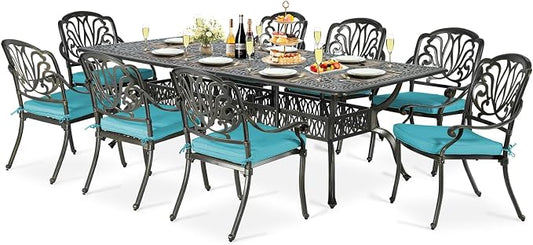 9-Piece Patio Cast Aluminum Dining Set, Outdoor Dining Furniture Set for 8 Person, Includes 94.5" Rectangular Dining Table and 8 Cushioned Chairs with Umbrella Hole, Ocean Blue