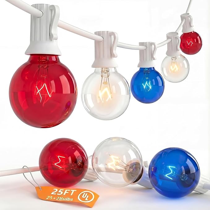 SUNSGNE 4th of July Decorations Outdoor Connectable String Lights with Waterproof Red White and Blue G40 Bulbs, 25 Feet for Garden Patio Patriotic Independence Day Theme Holiday Decor