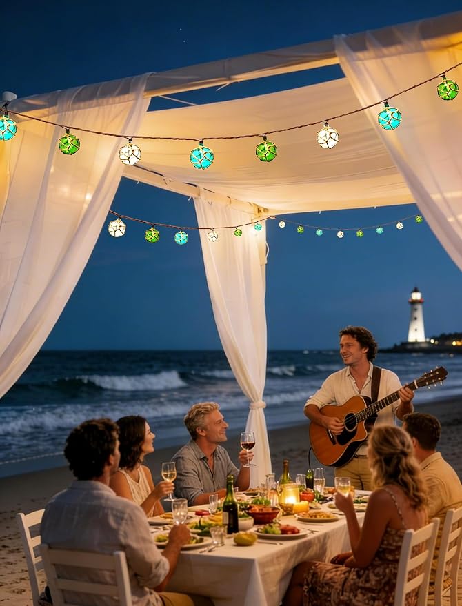 8.5Ft Nautical Fishing Float String Lights,Plug in Beach Themed Buoy Lights | Set of 10 LED Tiki Bar Lights Indoor Coastal Beach Theme Home Decor and Outdoor Patio Decorations-Blue/Green/White