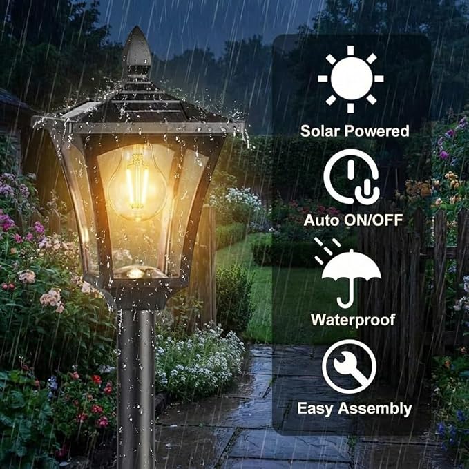 Benany 76" Solar Lamp Post Lights with Planter, Glass & Metal Street Light Outdoor Waterproof, 60 Lumens Dusk to Dawn Solar Pole Light for Garden, Yard, Driveway, Porch, Patio, Warm White