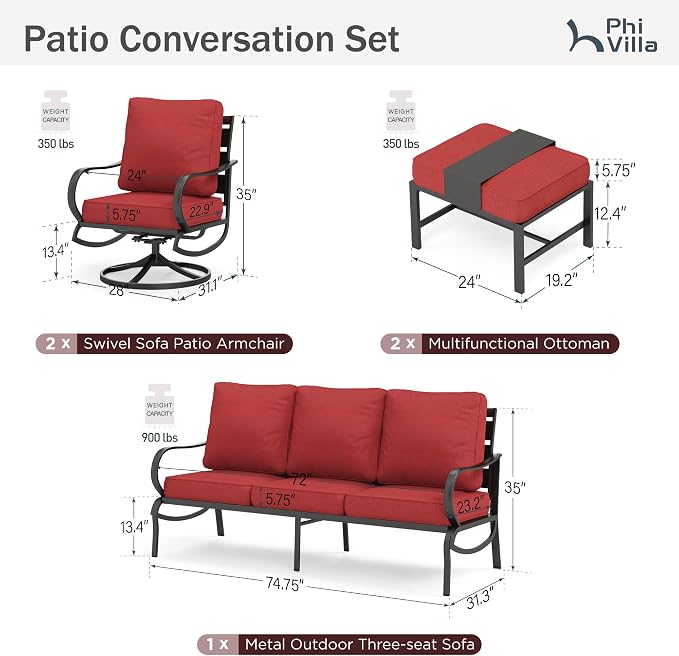 PHI VILLA 5 Piece Metal Patio Furniture Set with 5.75" Cushion, Modern Outdoor Furniture Set with 3 Seater Patio Sofa, 2 Swivel Chairs & 2 Ottoman, Deep Seat Patio Conversation Sets for Garden, Red