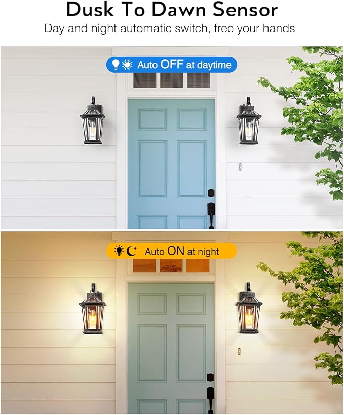 VIANIS Dusk to Dawn Porch Lights Outdoor, Black Outdoor Wall Lantern for House, 100% Anti-Rust Aluminum Outside House Light, Farmhouse Coach Lights for Garage, Front Door, Carriage Lights Exterior