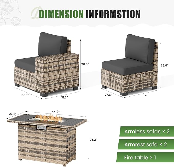 UDPATIO Patio Furniture Set with Fire Pit Table, 8 Inch Armrest Outdoor Sectional Sofas, 5 Piece All-Weather Wicker Conversation for Garden, Backyard