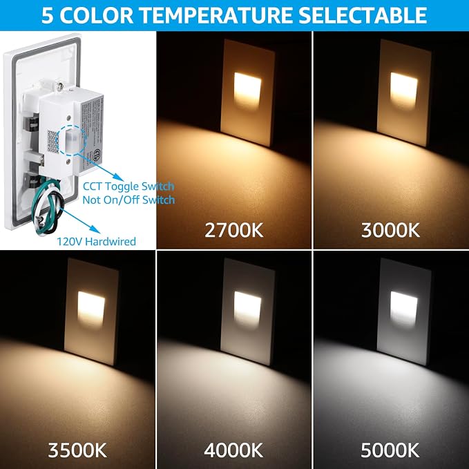 LEONLITE 12-Pack 5CCT 120V LED Step Lights, Vertical, White | 150LM, 5%-100% Dimmable, CRI90, ETL, Indoor Outdoor Stair Lights, Wet Location, 2700K/3000K/3500K/4000K/5000K, Aluminum