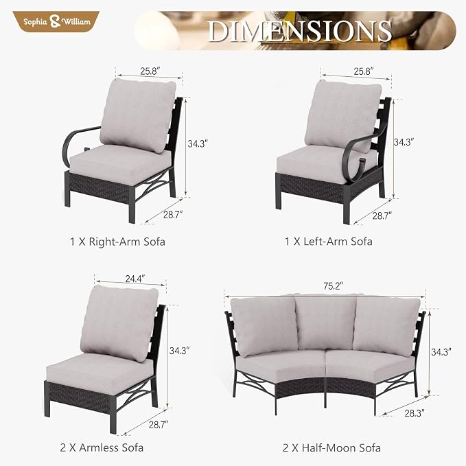 Sophia & William 6 Piece Patio Furniture Set, Half-Moon Curved Outdoor Sofa, Wicker Rattan Outdoor Conversation Sets,Beige