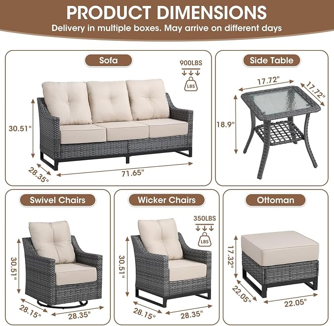 5-Piece Outdoor Patio Furniture Set, Grey Wicker Conversation Set with 2 High-Back Chairs, 2 Ottomans and Side Table, 6-Inch Beige Cushions for Porch, Deck, Backyard