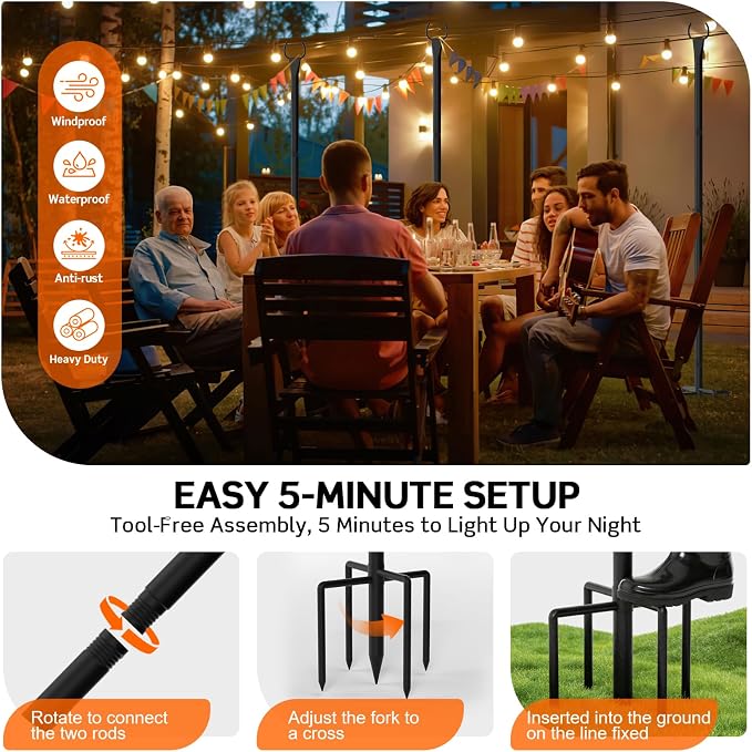 String Light Poles for Outside, 10ft Outdoor Poles for String Lights, Heavy Duty Stepped-in 5-Prong Base Light Pole for Backyard, Patio, Garden, Wedding & Party Decor (2 Pack)