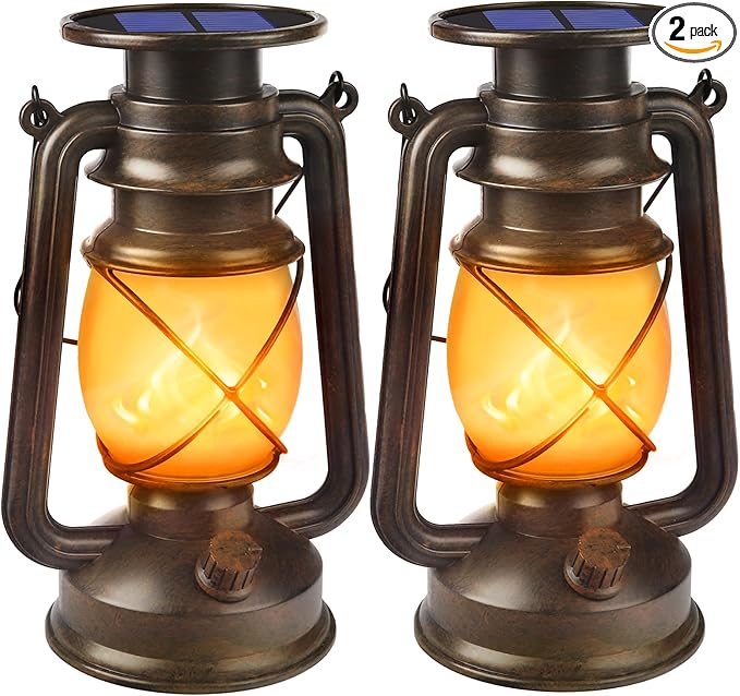 Solar Lanterns Outdoor Waterproof, 2 Pack Bronze Flickering Flame Lights | Vintage LED Hanging Lantern, Outdoor Decorative Lights for Patio, Porch, Garden, Yard, Pathway, Camping