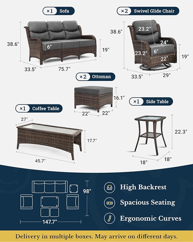 HILLGA 7-Piece Luxury Patio Furniture Set with 6" Thick Cushions, Weather-Resistant Wicker High Back Swivel Rocker Chairs, Senior-Friendly Outdoor Sofa Set for Large Deck, Yard and Poolside, Gray(V2)