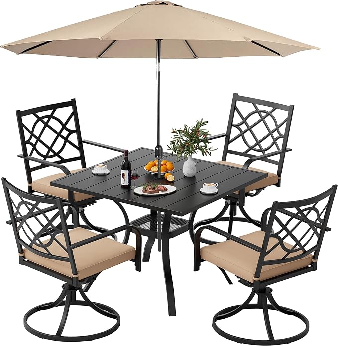 6 Piece Patio Dining Set Outdoor Furniture Set, Square Metal Patio Dining Table with Umbrella Hole & 9FT Patio Umbrella 4 Swivel Dining Chairs for Garden Lawn Yard