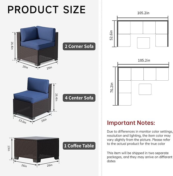 7 Pieces Outdoor Patio Furniture Set, Wicker Modular Sectional Sofa, All Weather Conversation Sets with Glass Table for Yard, Garden, Poolside, Navy Blue Cushions