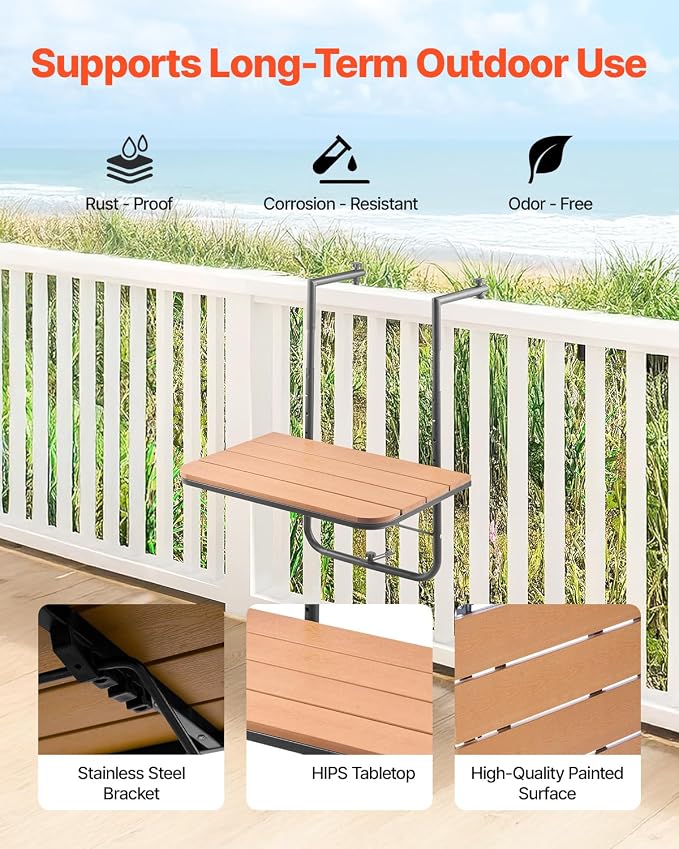 VEVOR Balcony Hanging Table, 23 x 16 inch, Outdoor Balcony Bar Table for Railings, 4-Level Adjustable, Fit Railing from 1" to 5.5", Serving Table for Patio & Deck