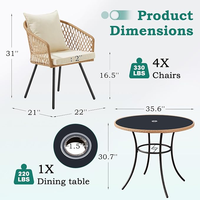ECOTOUGE 5 Piece Patio Dining Set, Wicker Outdoor Furniture Set w/Glass Round Table, 4 PCS Chairs w/Waterproof Cushions for Backyard Garden Deck, Yellow/White
