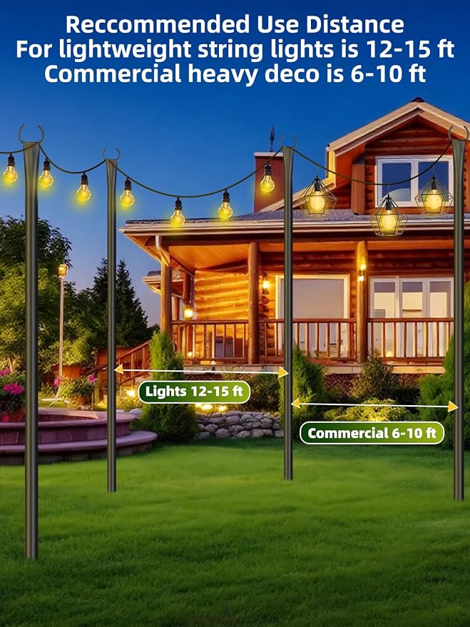 String Light Poles for Outside, 4 Pack 10 ft Adjustable Light Poles | Heavy Duty, Weather Resistant, 5 Prong Stable Base, Ground & Fence Mount, Fence Clips Included, For Patio Garden Porch Decor