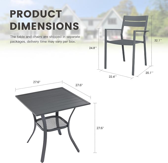 Small Patio Dining Set for 2, 27.5" Square Outdoor Dining Table and Chairs Set with Stackable Patio Chairs Outdoor Furniture for Garden Deck Backyard, Dark Grey Table and Grey Chairs