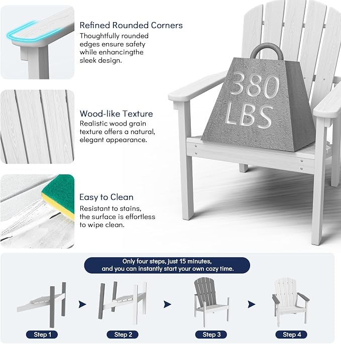 nevilywood Compact Stackable Adirondack Chairs Set of 4,HDPE,380lbs,White | 26.3" Wide HDPE.All-Weather Outdoor.Maintenance-Free.Stackable for Storage.25°Curved Straight Backrest.Quick Assembly