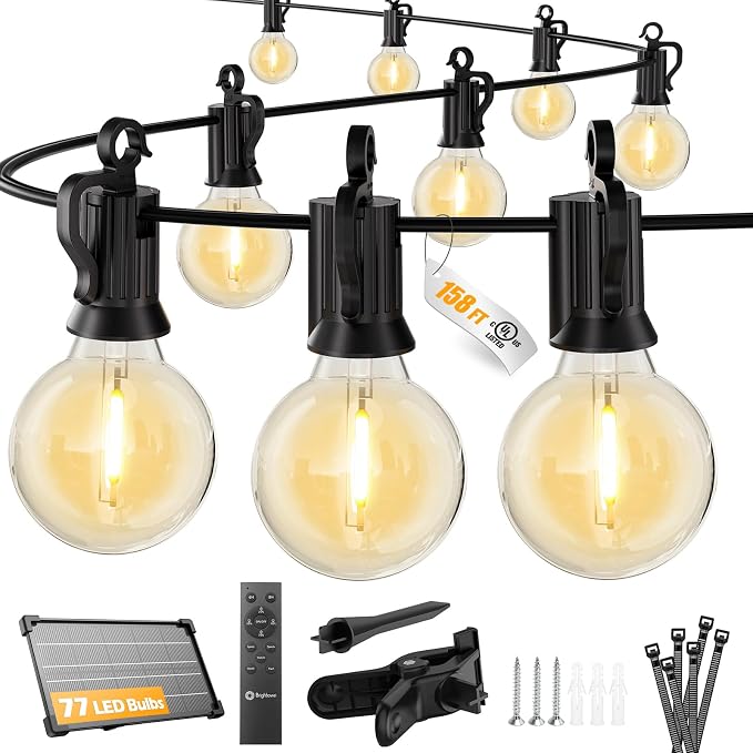 Brightown 158FT 77LED Solar String Lights Outdoor with Remote & USB Port | Shatterproof Bulbs, Dimmable & Timable, 3 Modes, Solar Patio Lights with a Mount Clip for Camping Backyard Garden Decor