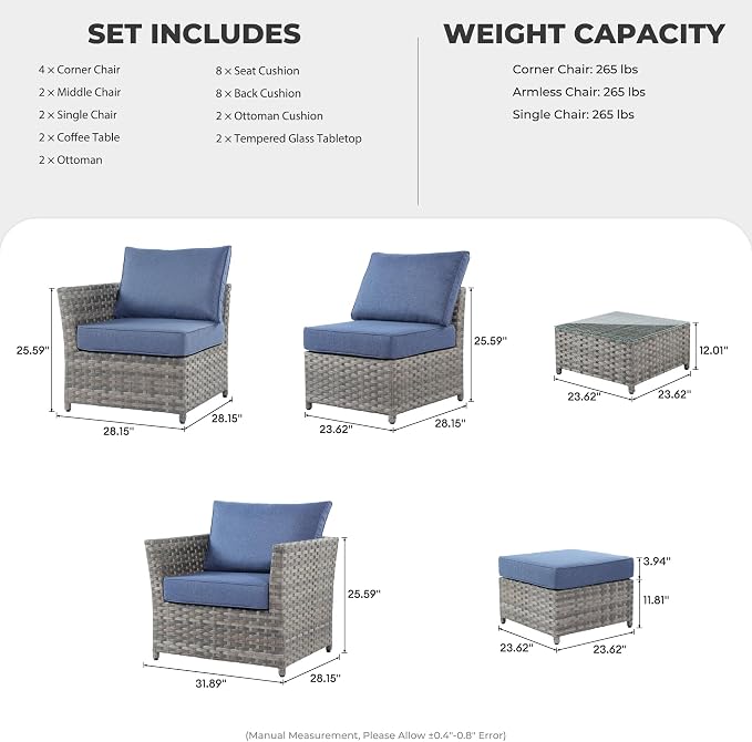 CAODOC 12 Pieces Outdoor Furniture Patio Sectional Sofa Couch Gray PE Wicker Conversation Sets with Ottomans Glass Coffee Table for Garden Poolside Backyard