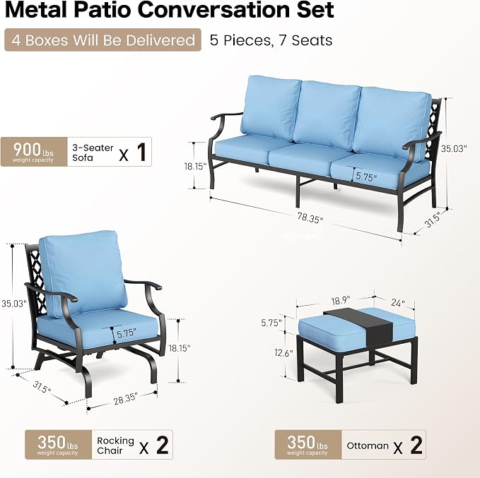 SUNSHINE VALLEY 7 Piece Metal Outdoor Patio Furniture Set, Patio Conversation Sets 3-seater Sofa, 2 Rocking Chair, 2 Ottomans with 5.75" Thick Cushion, Black All-weather Frame Backyard Furniture, Blue