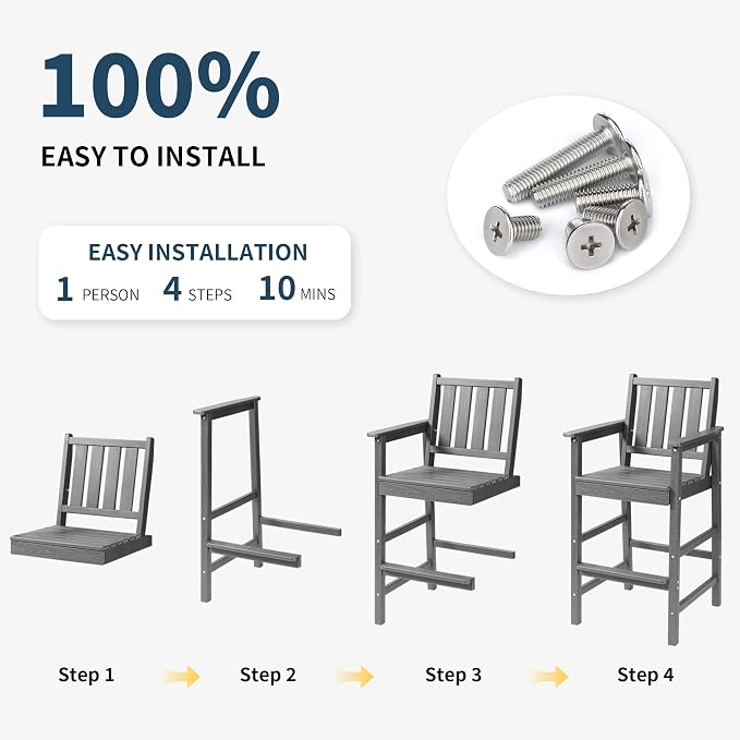 Adirondack Chairs Set of 4, All Weather HDPE Counter Height Bar Chair with Wide Armrests & Footrest, Heavy-Duty Outdoor Bar Height Barstools Set for Patio, Balcony, Pool, Backyard, Grey