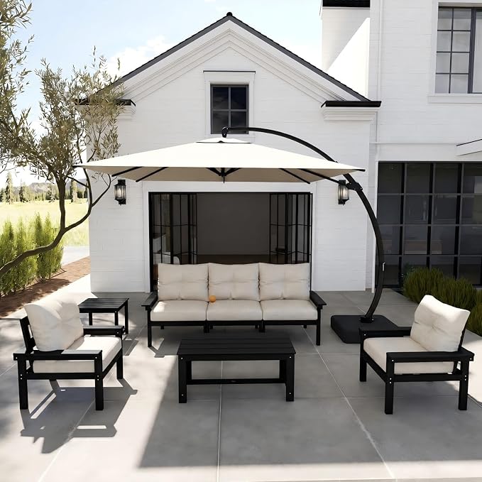 HDPE 7 Piece Patio Furniture Set, All-Weather Outdoor Couch Set with Thick Cushions & Table & Umbrella, Patio Conversation Sets for Lawn, Garden, Porch, Balcony, Deck, Poolside, Black & Beige