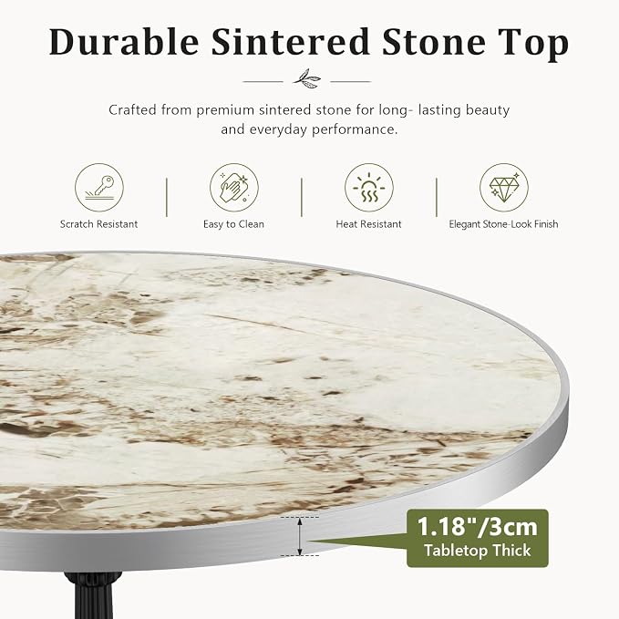 31.5" Outdoor Dining Table, Square Bistro Table w/Sintered Stone Tabletop | and Cast Iron Base, Weather Resistant Small Bistro Table for 2-4 for Outdoor Garden Café Use (Cream Taupe Marble)