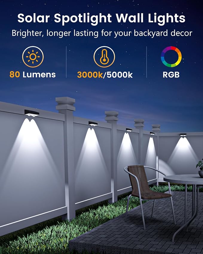 JOFIOS Solar Fence Lights Outdoor Waterproof, 80 Lumens Solar Lights for Fence with Warm White & RGB 8 Colors,Outdoor Solar Light for Deck, Patio, Backyard, Fence, Railing (12-Pack-Black)