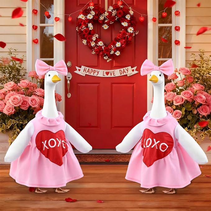 Valentine's Day Goose Outfit for 23" Porch Goose Holiday Pink Red Heart Cloths Costume Valentines Party Outdoor Garden Patio Yard Lawn Art Decoration