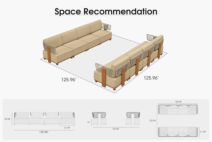 PURPLE LEAF Patio Furniture Set Modular Open-End Outdoor Sectional Sofa with 11" Thick Olefin Cushion 8-Piece Outdoor Conversation Set with White Lights for Patio Backyard Garden Poolside, Beige