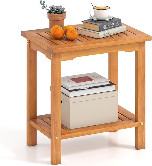 Tangkula Outdoor Side Table, 2-Tier Patio End Table with Slatted Tabletop & Storage Shelf, Acacia Wood Accent Bistro Table for Backyard, Poolside, Garden, Indoor, Natural (1)