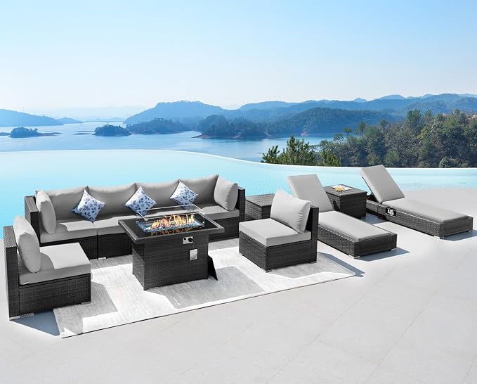 NICESOUL 11-Piece Patio Furniture with Chaise Lounge, Modern Wicker Outdoor Sectional with Fire Pit, Comfortable 29.3'' High-Back Conversation Seating, Heavy Duty All-Weather Couch Set, Light Grey