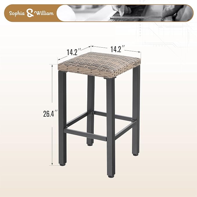 Sophia & William Outdoor Patio Bar Stools Set of 4, Counter Height Backless Rattan Wicker Bar Chairs with Adjustable Feet Mats, Patio Furniture with Metal Frame for Patio Kitchen Dining, 26.4" H