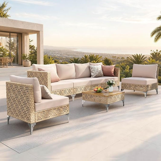 PHI VILLA 6-Seat Wicker Patio Furniture Set, Boho Outdoor Conversation Sofa Set with Acacia Coffee Table and Beige Cushions