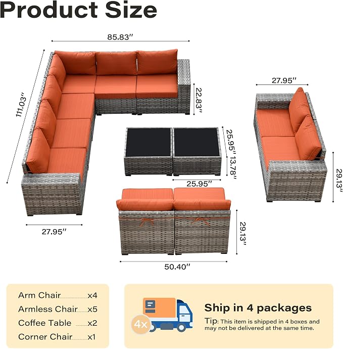 12 Pieces Patio Furniture Set, Wicker Outdoor Sectional Sofa with Coffee Table Comfy Cushions, Modern Modular Deep Seat Rattan Couch Conversation Set for Backyard Porch Yard,Orange