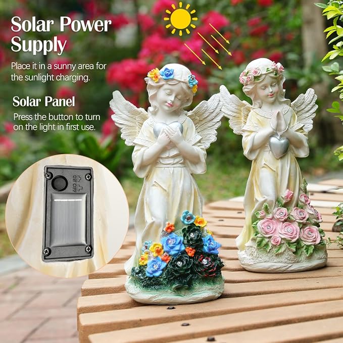Angel Garden Statue 2Pcs,Love Heart Solar Decor with Warm Light | Waterproof Praying Angel Statue with Flowers,Outdoor Garden Decor Sculpture for Lawn Yard Patio Garden Present, Apricot