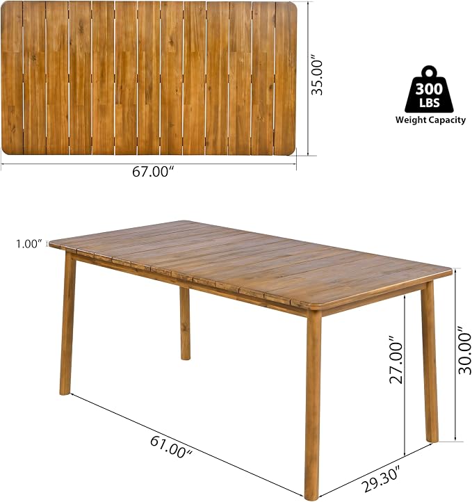 Christopher Knight Home Kegy 67" Patio Acacia Wood Dining Table with Slatted Tabletop, Outdoor Farmhouse Rectangular Dining Room Table for 6 Persons, Teak