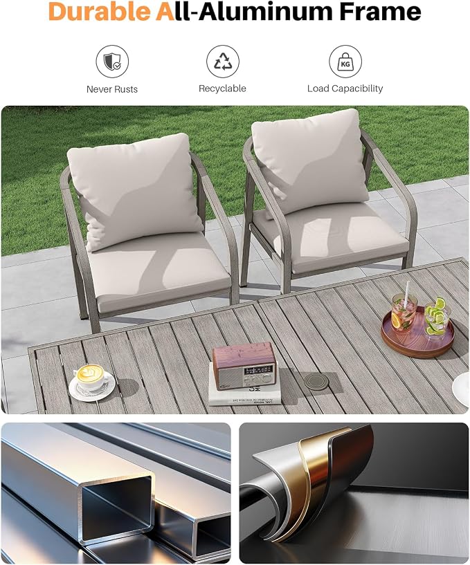 7 Pieces Outdoor Dining Set, Never-Rust Aluminum Patio Dining Set for 6, Outdoor Dining Table Set with 2 Swivel Chairs, 4 Dining Chairs, Patio Furniture Set for Porch, Garden, Gray Oak