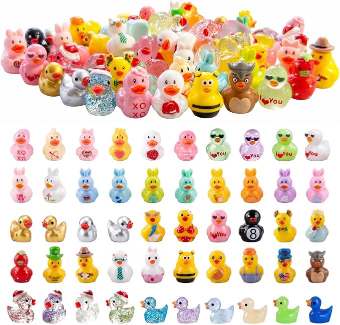 Assorted Mini Resin Duck Figurines 100 Pack, Mixed Styles & Colors Tiny Ducks to Hide, Little Ornaments, Miniature Animals for Fairy Garden, DIY Crafts, Micro Landscape & Desk Décor