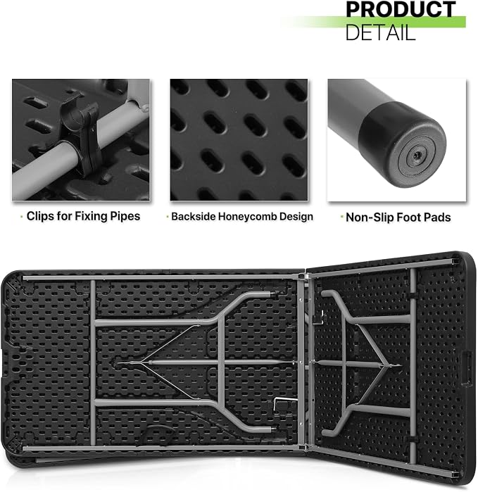 Magshion 8ft Plastic Folding Table with Handle for Indoor Outdoor, 8 Foot Utility Commercial Craft Foldable Table for Party Events, Black