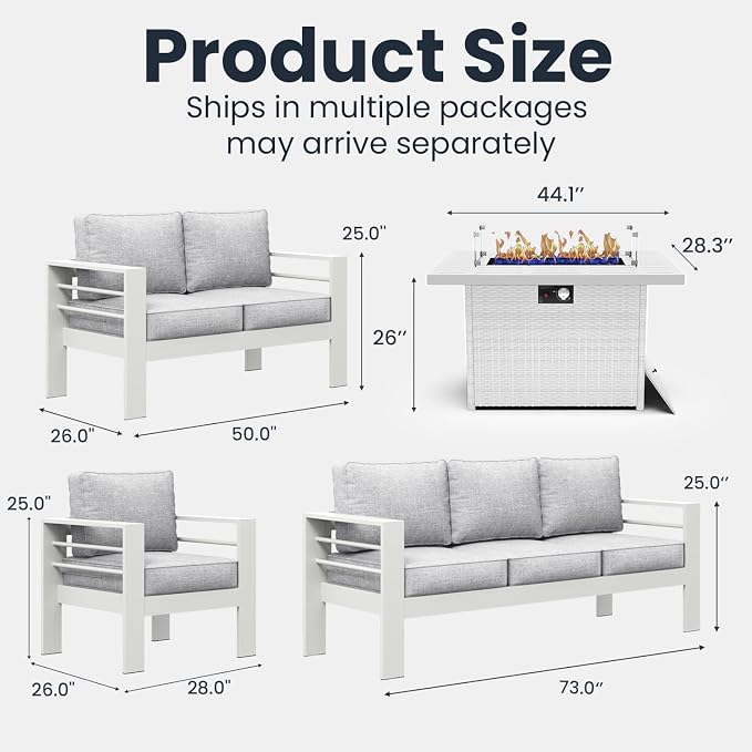5 Pieces Modern Aluminum Patio Furniture Set with Fire Pit Table, Outdoor Conversation Sets Metal Sectional Sofa